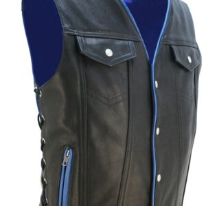 Men's Denim Style Blue Trim Leather Vest