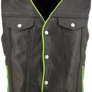 Men's Denim Style Lime Green Trim Leather Vest