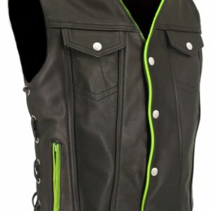 Men's Denim Style Lime Green Trim Leather Vest