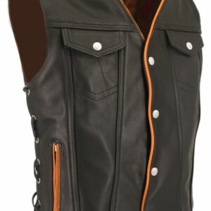 Men's Denim Style Orange Trim Leather Vest