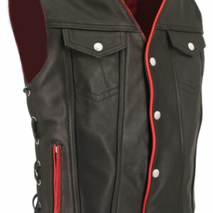 Men's Denim Style Red Trim Leather Vest