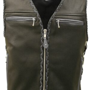 Men's Elite Motorcycle Leather Vest with Blue Braiding