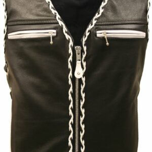 Men's Elite Motorcycle Leather Vest with White Braiding