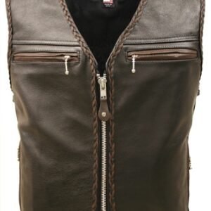 Men's Elite Motorcycle Leather Vest with Black and Brown Braiding