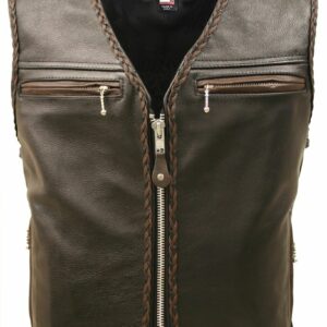 Men's Elite Motorcycle Leather Vest with Black and Brown Braiding