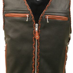 Men's Elite Motorcycle Leather Vest with Black and Orange Braiding