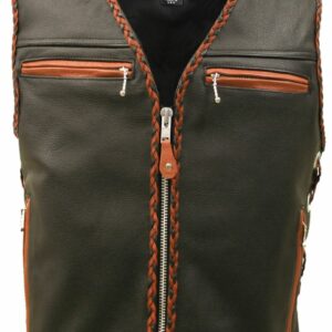 Men's Elite Motorcycle Leather Vest with Black and Orange Braiding