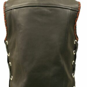 Men's Elite Motorcycle Leather Vest with Black and Orange Braiding