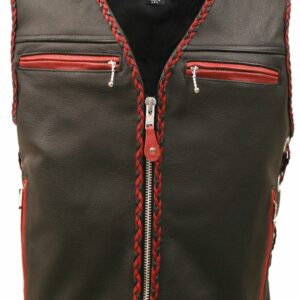 Men's Elite Motorcycle Leather Vest with Black and Red Braiding