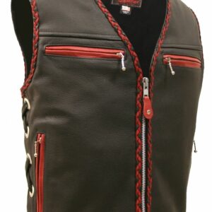 Men's Elite Motorcycle Leather Vest with Black and Red Braiding