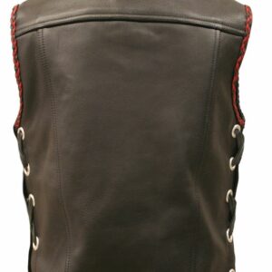 Men's Elite Motorcycle Leather Vest with Black and Red Braiding