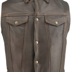 Men's Denim Style Distressed Brown Biker Vest