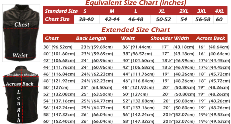 Men's Horsehide Denim Style Stand Up Collar Vest Size Chart